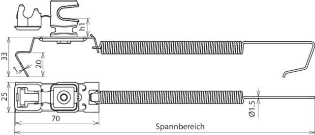 Technische Zeichnung einer Spannfeder mit Maßen: Länge 70 mm, Durchmesser 1,5 mm. Seitliche Ansicht zeigt detaillierte Komponenten.