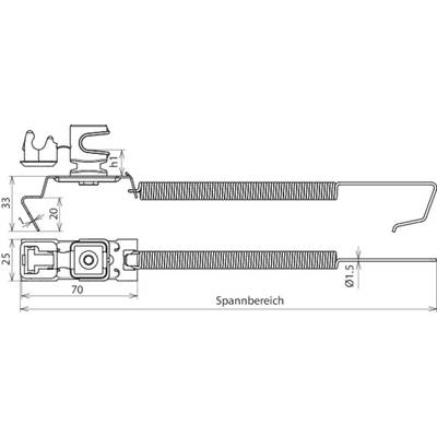 Technische Zeichnung einer Spannfeder mit Maßen: Länge 70 mm, Durchmesser 1,5 mm. Seitliche Ansicht zeigt detaillierte Komponenten.