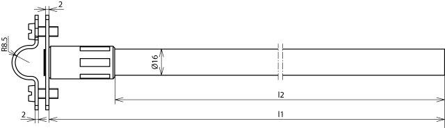 Technische Zeichnung eines Zylinders mit Maßen: Durchmesser 16 mm, zwei Längenangaben (l1, l2) und Krümmung am Ende (R8,5 mm).
