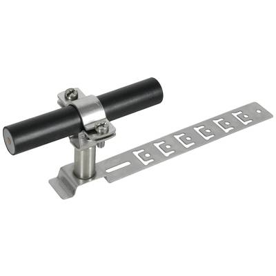 Montagesystem für ein Solarpanel mit schwarzer Halterung und silberner Metallstütze, inklusive einer Lochschiene zur Befestigung.