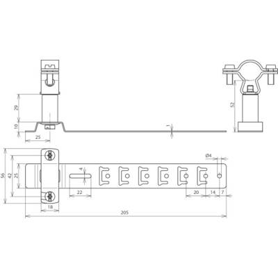 Technische Zeichnung eines Scharniers mit Maßen in Millimetern, inklusive Ansicht von oben und Seite. Hauptmaße: Länge 205 mm, Höhe 42 mm.