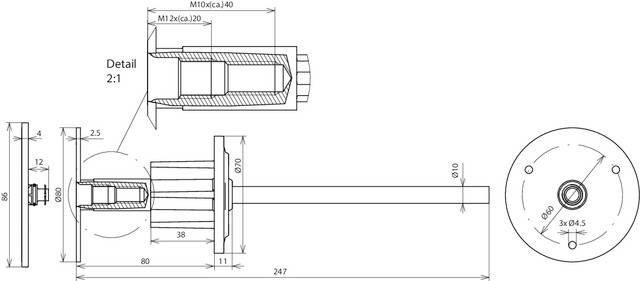 Technische Zeichnung eines mehrteiligen Bauteils mit Maßen und Details. Zeigt eine Seitenansicht, eine Draufsicht und eine vergrößerte Detailansicht.