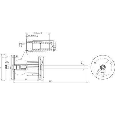 Technische Zeichnung eines mehrteiligen Bauteils mit Maßen und Details. Zeigt eine Seitenansicht, eine Draufsicht und eine vergrößerte Detailansicht.