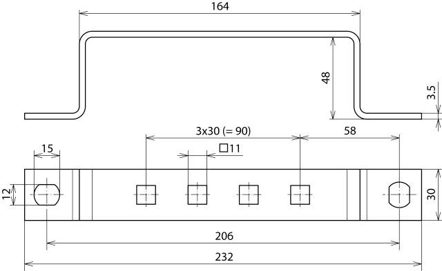 Technische Zeichnung eines Metallbügels mit Maßen: Breite 232 mm, Höhe 48 mm, Dicke 3,5 mm. Zeigt Position von Bohrlöchern.