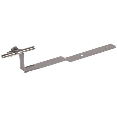 Ein silbernes Metallwinkelprofil mit langem flachem Arm, einem zylindrischen Halter und zwei Bohrlöchern am Ende. Verwenden für Befestigung.