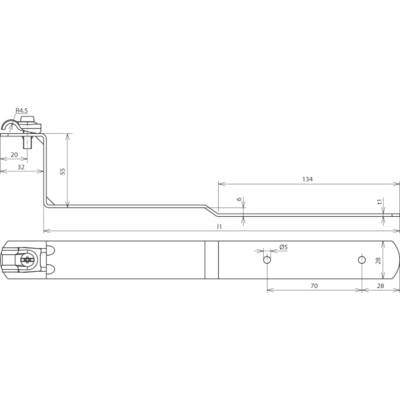 Technische Zeichnung einer Metallhalterung mit Abmessungen. Zeigt Seitenansicht und Draufsicht. Maße und Details zu Bohrlöchern angegeben.