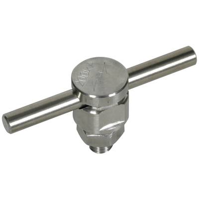 Ein silbernes Metallventil mit einem horizontalen Hebelgriff, der zum Öffnen oder Schließen einer Leitung eingesetzt wird.
