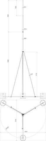 Konstruktionszeichnung eines Antennenmasts mit genauen Maßangaben in Millimetern. Der Mast besteht aus einem langen vertikalen Rohr, gestützt durch drei Seile.