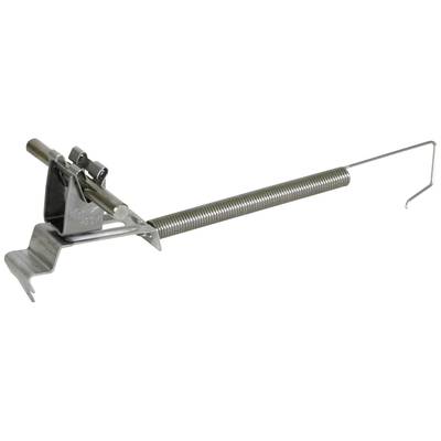 Eine silberne Federmechanismus-Klemme mit Haken, die zum Halten oder Sichern von Objekten dient.