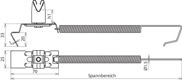 Diagramm einer Federklemme mit Maßen: Höhe 33 mm, Breite 70 mm, Durchmesser 1,5 mm. Markiert sind Spannbereich und Aufhängung.