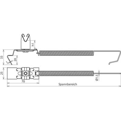 Diagramm einer Federklemme mit Maßen: Höhe 33 mm, Breite 70 mm, Durchmesser 1,5 mm. Markiert sind Spannbereich und Aufhängung.