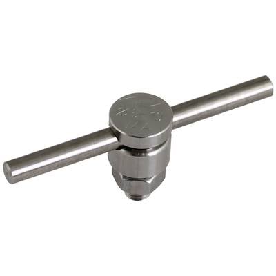 Silberner Absperrventilgriff mit T-Form aus Metall, in der Mitte ein Drehmechanismus.