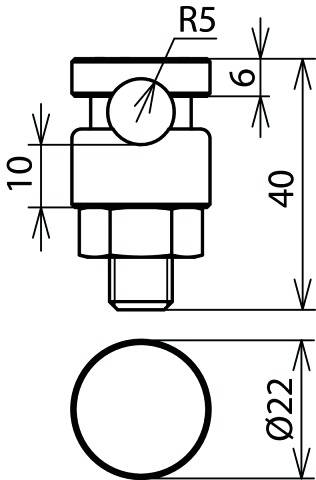 Technische Zeichnung eines Bauteils mit Kreisdurchmesser von 22 mm, Höhe von 40 mm. Enthält Maße von 6 mm und 10 mm sowie Radius R5.