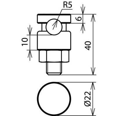 Technische Zeichnung eines Bauteils mit Kreisdurchmesser von 22 mm, Höhe von 40 mm. Enthält Maße von 6 mm und 10 mm sowie Radius R5.