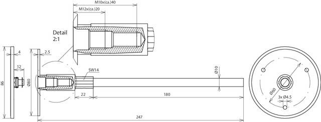 Technische Zeichnung eines zylindrischen Bauteils mit Bemaßungen, Quer- und Längsschnitt; zeigt Detail eines Abschnitts im Maßstab 2:1.
