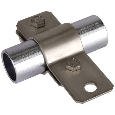 Ein Metallrohrverbinder mit zwei Schrauben zur Befestigung zeigt eine X-Form. Geeignet für industrielle Anwendungen.
