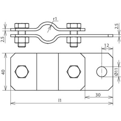 Technische Zeichnung einer Metallverbindung mit Schrauben und Muttern sowie Bemaßungen. Oben Seitenansicht, unten Draufsicht.
