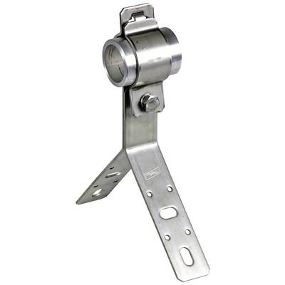 Halterung aus Metall mit zylindrischem Element oben. Zwei lange Beine unten zur Befestigung. Industrielles Bauteil zur Unterstützung.
