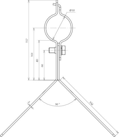 Technische Zeichnung einer Metallkonstruktion mit Maßen: Gesamthöhe 157 mm, Breite 152 mm, diverse Abstände und ein 90-Grad-Winkel.