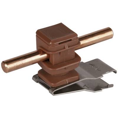 Eine braune Klemme hält ein Kupferrohr. Darunter befindet sich eine metallische Halterung.