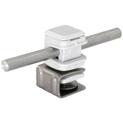 Eine Klemme befestigt eine Metallstange. Die Klemme hat eine graue, quadratische Form und scheint aus Kunststoff. Sie ist auf einer Metallbasis montiert.