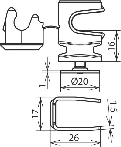 Technische Zeichnung eines U-förmigen Halters mit Maßen: 20 mm Durchmesser, 17 mm Höhe und 26 mm Breite. Zeigt Detailmaße.