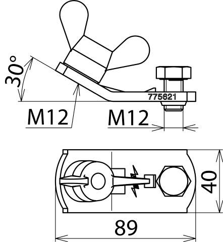 Technische Zeichnung eines Winkel-Scharniers. Zeigt Maße: 30° Winkel, 89 mm Länge, 40 mm Höhe, M12-Gewinde. Label '775621'.