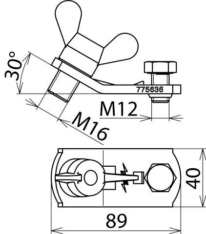 Technische Zeichnung eines Schraubenteils mit Flügelkopf. Maße: 30° Neigung, M12 und M16 Gewinde, 89 mm Länge, 40 mm Breite.