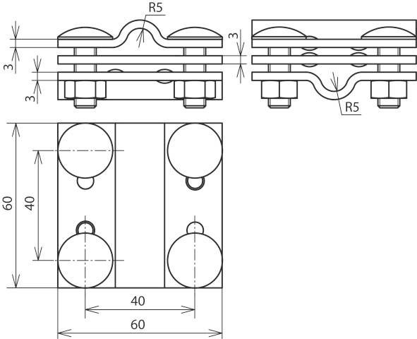 Technische Zeichnung eines Metallverbinders mit Abmessungen: 60x60mm, dick 40mm. Seitliche und obere Ansichten zeigen Schraubenpositionen und Biegungen (R5).