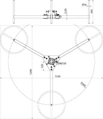 Technische Zeichnung eines Haltearms mit Maßen. Zeigt Ansichten von oben und der Seite mit Details zu Abmessungen und Verbindungen.
