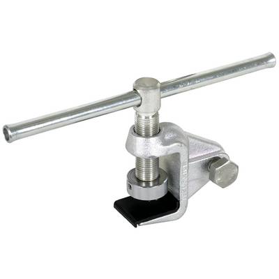 Eine silberne Schraubzwinge mit einem langen Quergriff aus Metall. Geeignet zum Fixieren von Werkstücken in der Werkstatt.