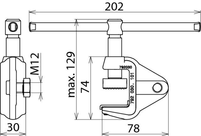 Technische Zeichnung einer Schraubzwinge mit Maßen: 202 mm Breite, 129 mm maximale Höhe, 78 mm Tiefe, Gewinde M12.