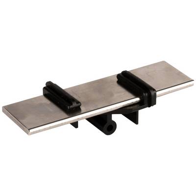 Ein Metallschlitten mit zwei schwarzen Kunststoffklemmen, der als Befestigungselement oder Halterung für technische Anwendungen dient.