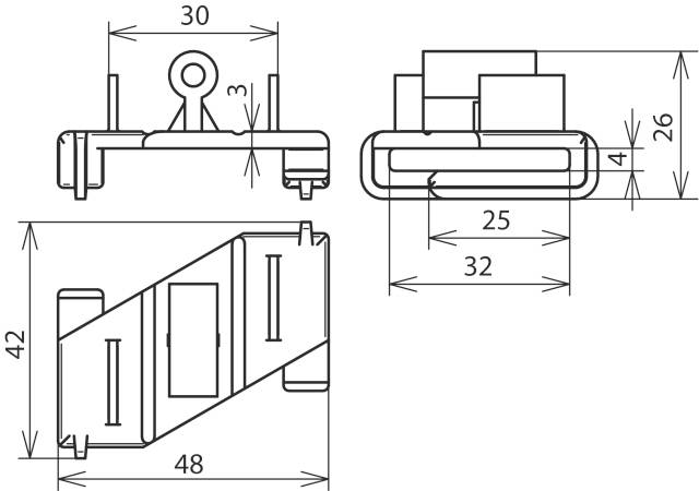 Technische Zeichnung eines Bauteils mit Maßen in Millimetern: Längen 30, 48, Breite 32, 25, Höhe 42, 26, 4. Seiten- und Draufsicht.