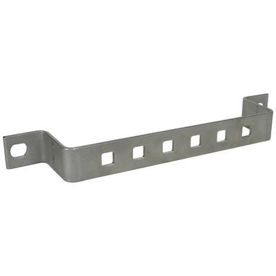 Ein metallener Halter mit sechs quadratischen Löchern und zwei größeren Endlöchern; dient zur Befestigung oder Unterstützung von Objekten.