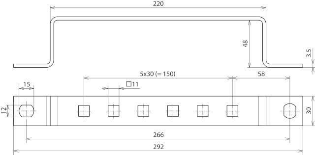 Technische Zeichnung eines Metallprofils: U-förmiges Profil, 220 mm lang, 48 mm hoch. Sechs rechteckige Aussparungen in der Mitte.