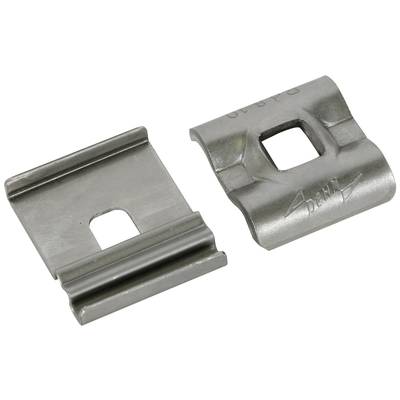 Zwei metallische Clips mit rechteckiger Öffnung, die für Befestigungszwecke verwendet werden. Einer liegt flach, der andere ist gewölbt.