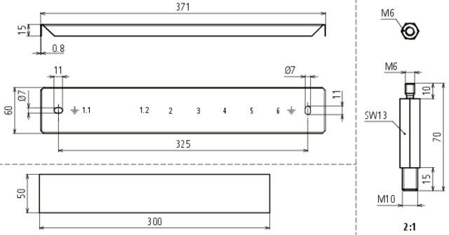 Technische Zeichnung eines Metallbalkens mit Maßen und Gewindebohrungen; Hauptabmessungen: 371 mm Länge, 60 mm Höhe.