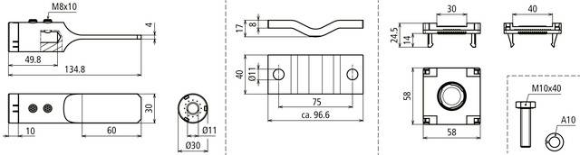 Technische Zeichnung eines mechanischen Bauteils mit Abmessungen: Länge 134,8 mm, Breite 30 mm, Höhe 40 mm; enthält Detailansichten und Maße.
