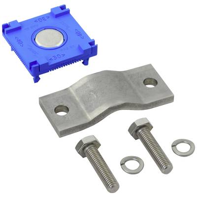 Ein blauer Winkelmesser und ein Metallhalterungssatz mit zwei Schrauben und Unterlegscheiben, möglicherweise für technische Anwendungen.