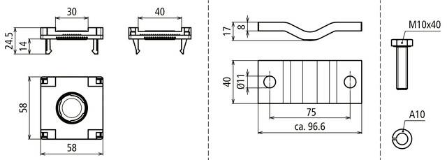 'Technische Zeichnung eines Bauteils mit Maßen: 58x58 mm Grundfläche, 24,5 mm Höhe. Seitenansicht zeigt Details wie Schraubenlöcher.'