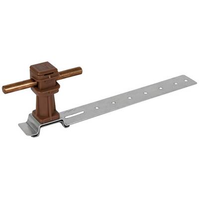 Brauner Blitzschutz-Abstandshalter aus Kunststoff mit Metallstreifen zur Befestigung an einem Kupferkabel.