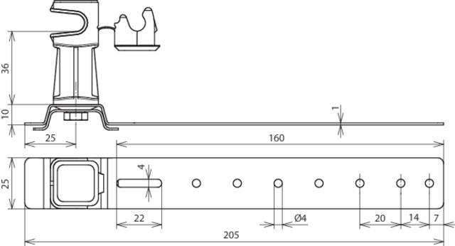 Technische Zeichnung eines Metallbands mit Schnalle. Darstellung von Abmessungen und Details, inklusive Lochdurchmesser und Gesamtlängen.