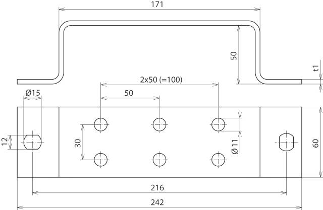 Technische Zeichnung eines Metallteils mit Bogen, Maßen und Bohrungen. Maße: 171x50mm, Bohrungen: Durchmesser 11 und 15 mm.