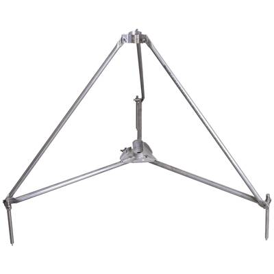 Dreibein aus Metall mit verstellbarer Mittelsäule, verwendet als Stativbasis für Kameras oder andere Geräte.