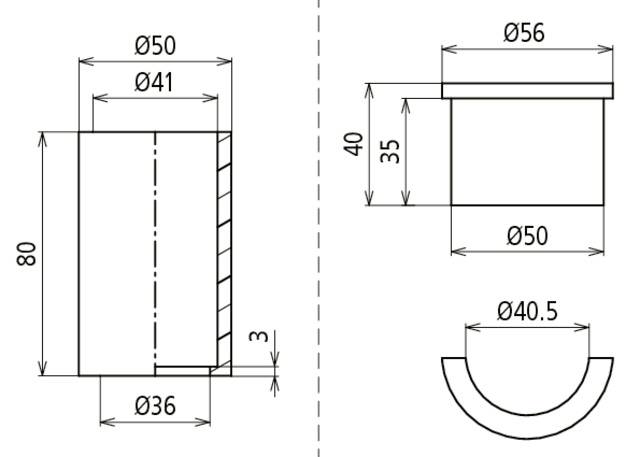 Technische Zeichnung eines zylindrischen Bauteils mit Maßangaben: Durchmesser 50 mm, Höhe 80 mm, Innenansicht zeigt Durchmesser 40.5 mm.