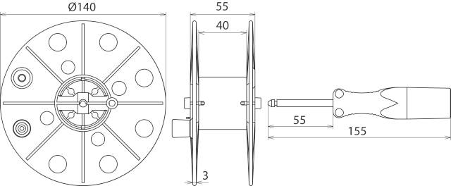 Technische Zeichnung eines Werkzeugs: Oben Ansicht zeigt runden Kopf mit Ø140 mm. Seite zeigt Länge 155 mm mit Griff und Spindel.