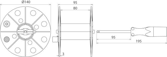 Technische Zeichnung einer Kabeltrommel. Zeigt Durchmesser von 140 mm und Länge von 195 mm. Details von Schrauben und Aufbau sichtbar.