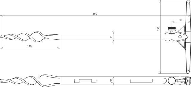 Technische Zeichnung eines Werkzeugs mit Spiralbohrer und T-Griff. Maße sind 350 mm Länge, 35 mm Griffbreite und 110 mm Bohrerlänge.