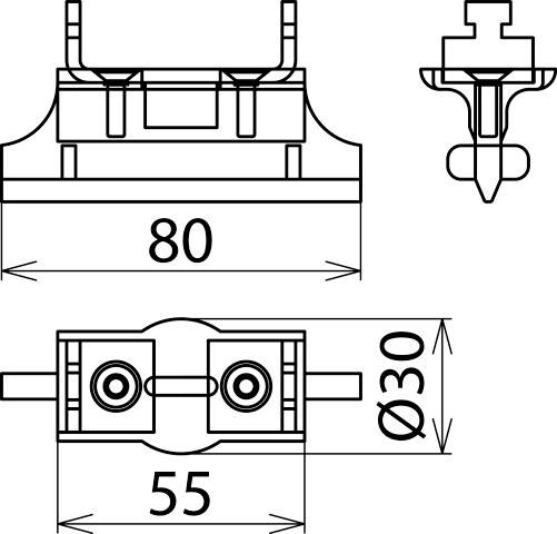 Technische Zeichnung eines Bauteils mit Abmessungen: Breite 80 mm, Durchmesser 30 mm, Länge 55 mm; Front- und Seitenansicht.